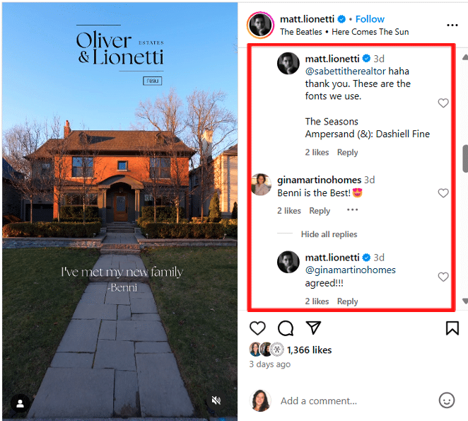 Instagram post of a house and comment section with Instagram owner responding to follower comments.
